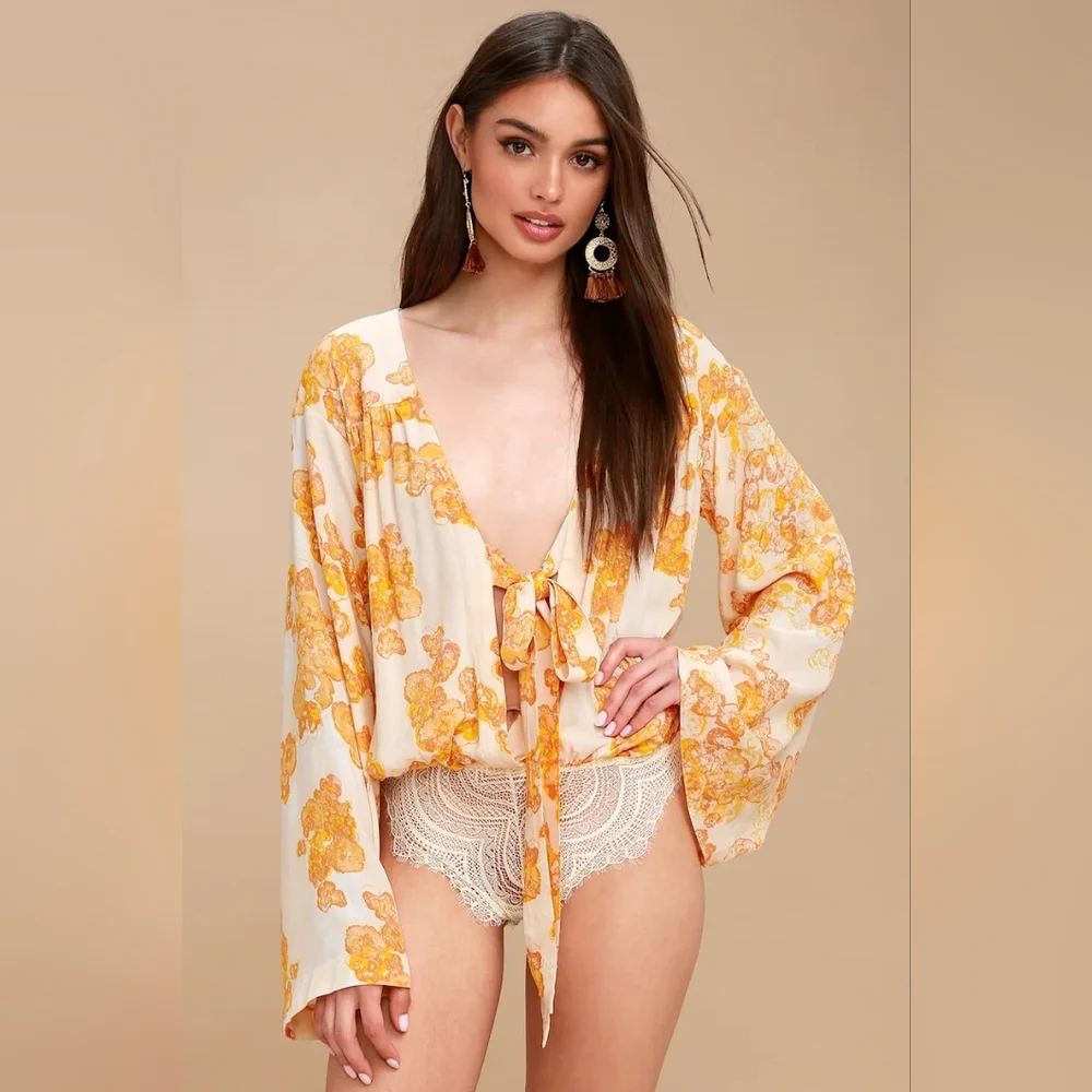 Free People Forties Feels Yellow Floral Print Tie-Front‎ Bodysuit